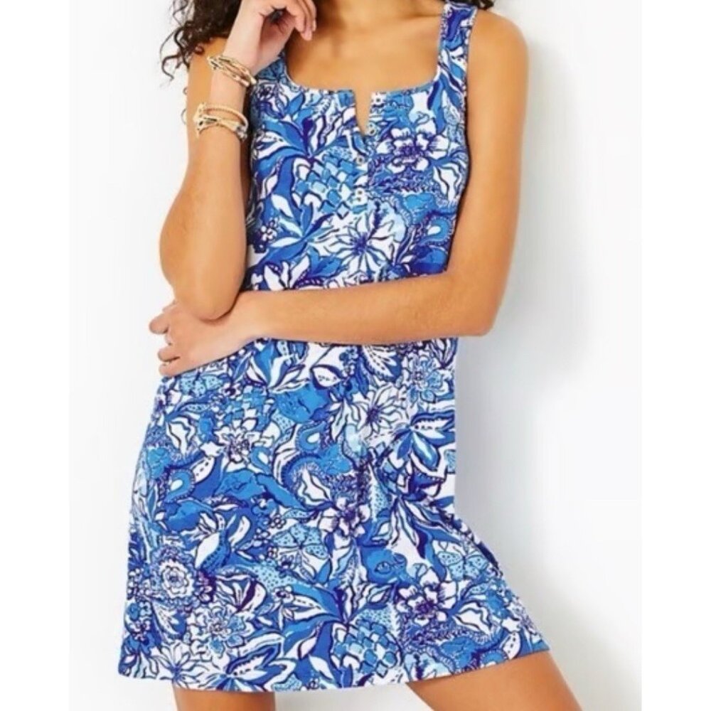 New Lilly Pulitzer Lela Henley Tank Dress Size Large Flocking Fabulous Blue - Picture 2 of 7